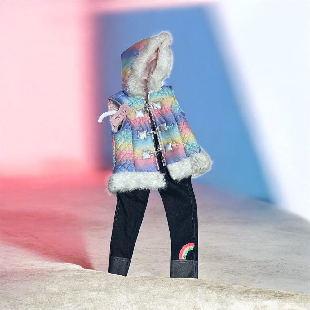 NWT Little Lass Rainbow Quilted Vest with Faux Fur Trim and soft stretch pants